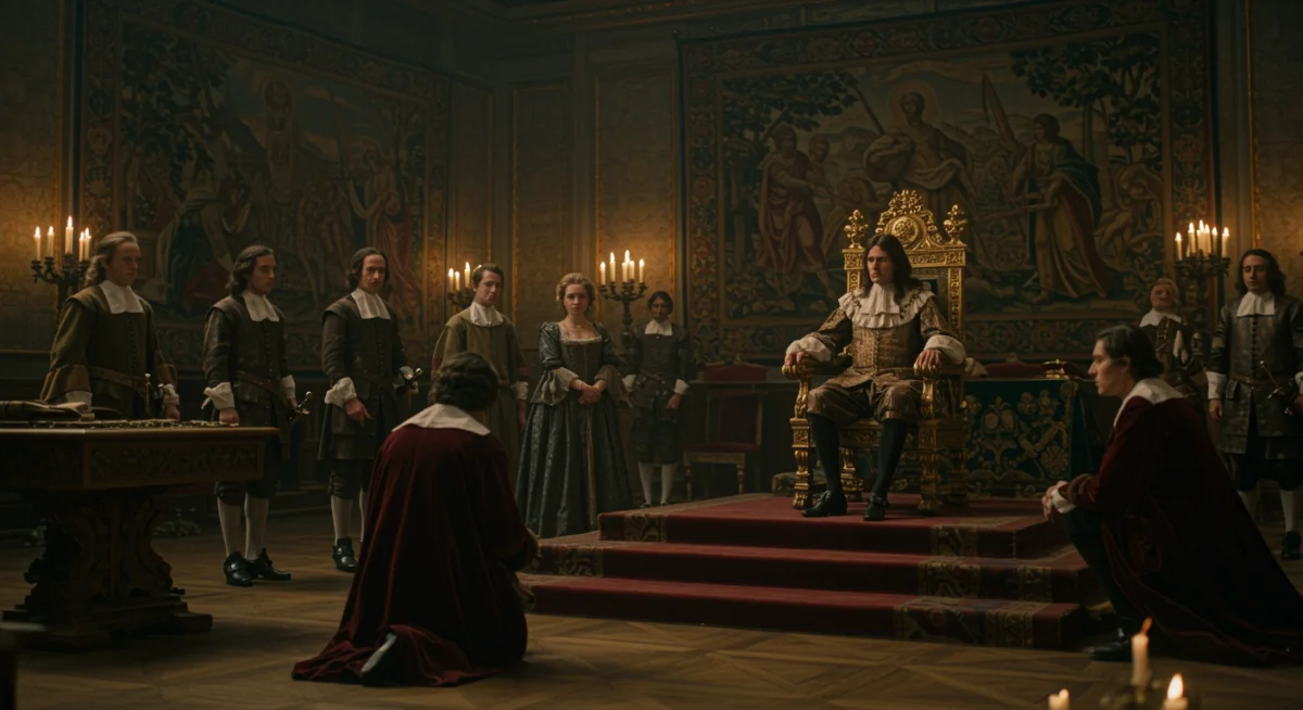 Intricate 17th-century European court scene with king and advisors