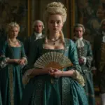 Elaborate 18th-century court scene with richly dressed characters, highlighting symbolic costume details in historical dramas.