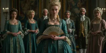 Elaborate 18th-century court scene with richly dressed characters, highlighting symbolic costume details in historical dramas.