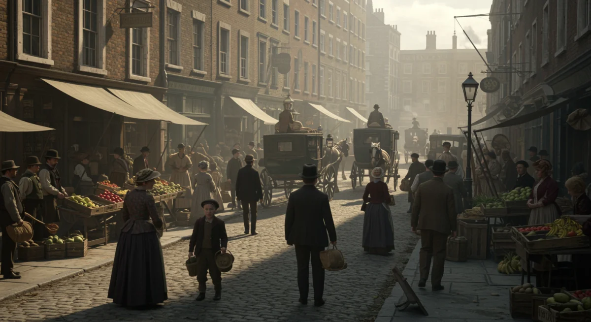 Bustling 19th-century London street market scene