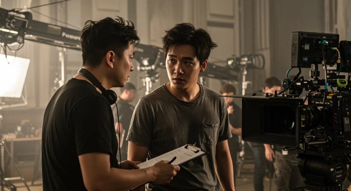 Young actor on set, focused, discussing scene with director, film production