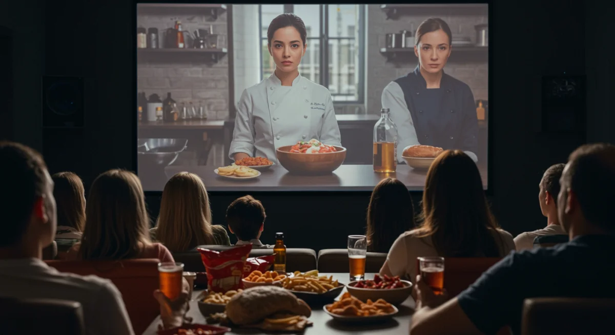 Diverse audience watching culinary drama, engaged and enjoying snacks.