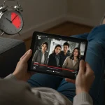 Busy viewer enjoying a short drama series on a tablet, highlighting time efficiency.