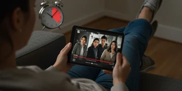 Busy viewer enjoying a short drama series on a tablet, highlighting time efficiency.