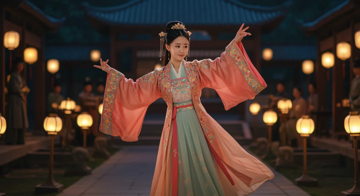 Lead actress in elegant hanfu dancing in an imperial garden scene from a C-drama.