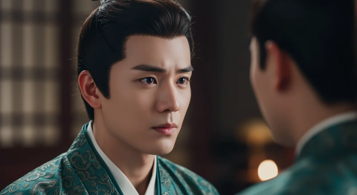 Male lead in regal attire with a thoughtful expression from a historical C-drama.