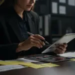 Casting director reviewing actor headshots and audition tapes for a short drama.