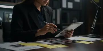 Casting director reviewing actor headshots and audition tapes for a short drama.