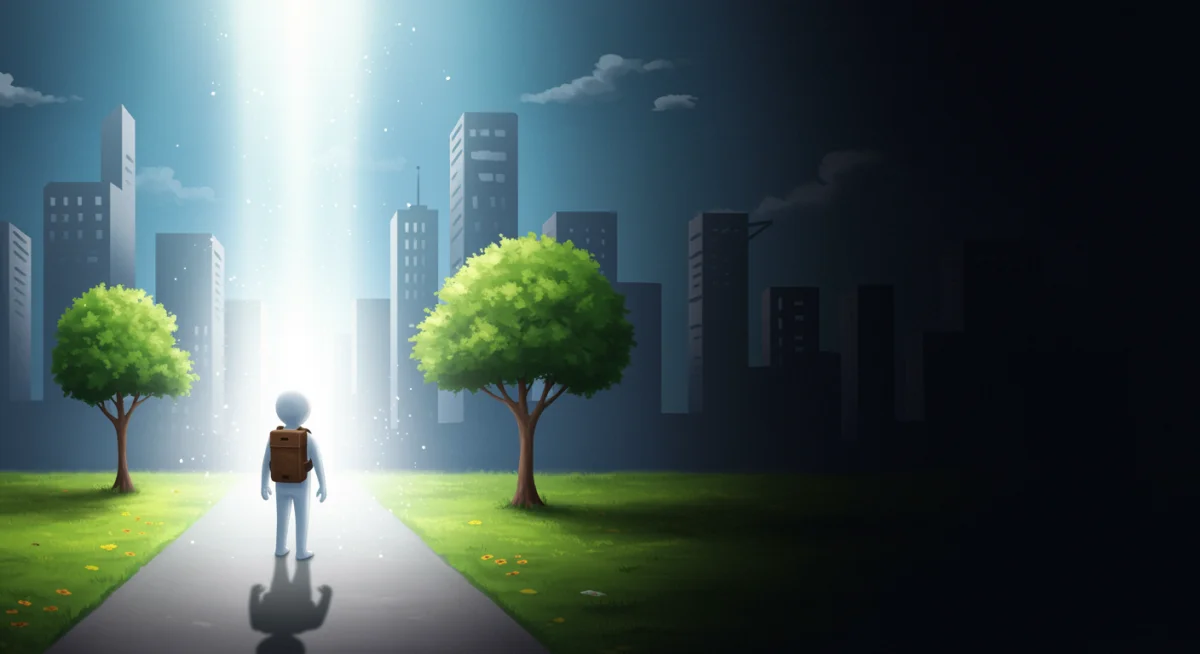 Character at a crossroads, making a difficult ethical decision in a drama