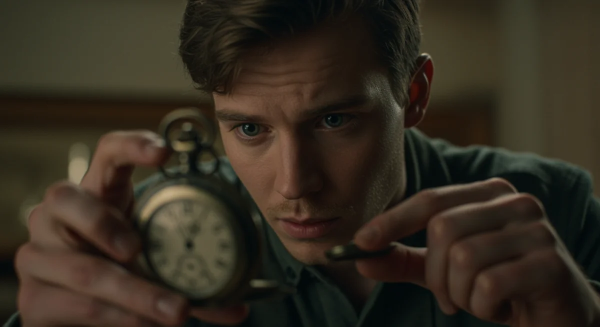 Character intently examining an antique pocket watch, symbolizing personal time-travel journey.