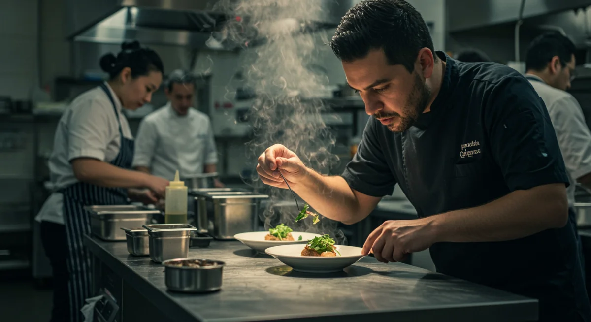 Chef garnishing dish in intense kitchen, reflecting culinary drama artistry.