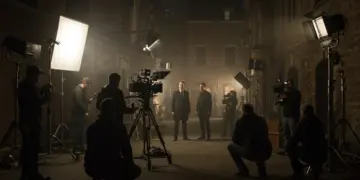 Behind the scenes of City of Shadows production, capturing a tense urban drama scene being filmed at night.