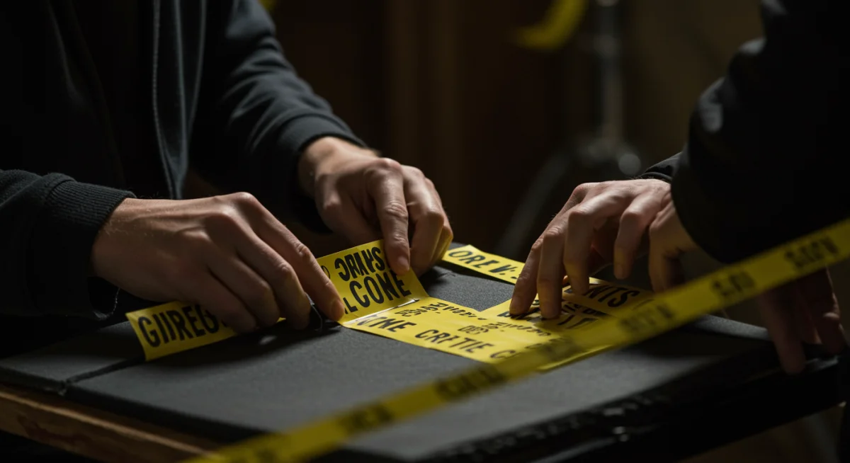 Prop master detailing crime scene on City of Shadows set