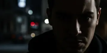 Conflicted character grappling with moral choices in a dark, dramatic setting