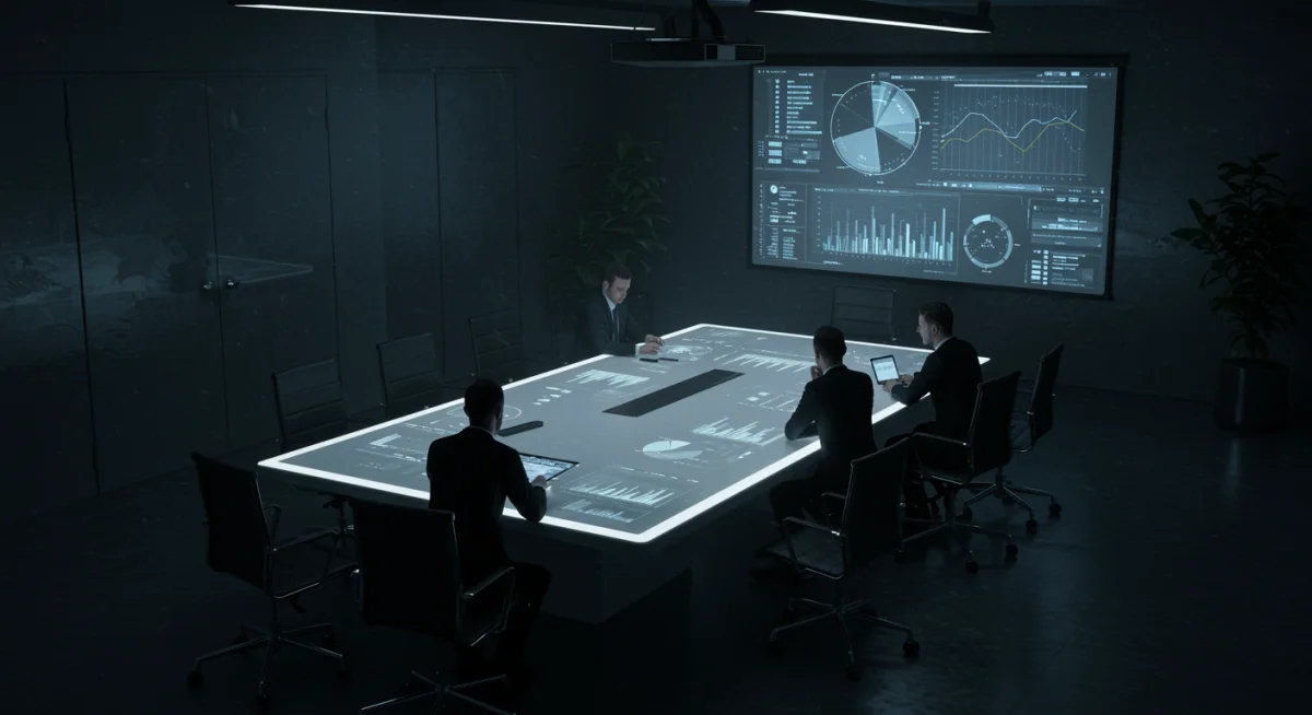 Tense corporate boardroom meeting with conspiratorial undertones