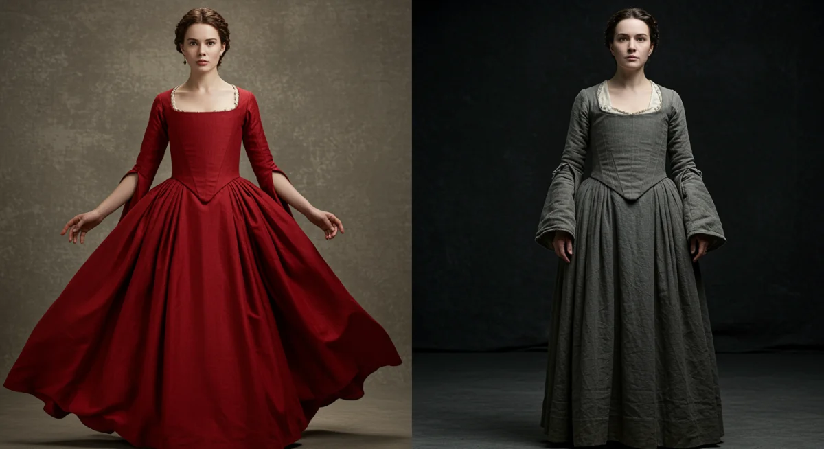 Side-by-side comparison of historical drama costumes, contrasting vibrant red with subdued gray to show symbolic storytelling.