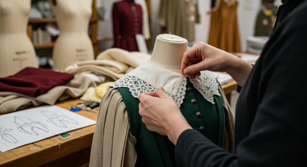 Costume designer meticulously adjusting lace on a historical garment, showcasing the intricate detail in production.