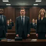 Courtroom drama with diverse legal professionals and intense atmosphere