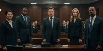 Courtroom drama with diverse legal professionals and intense atmosphere