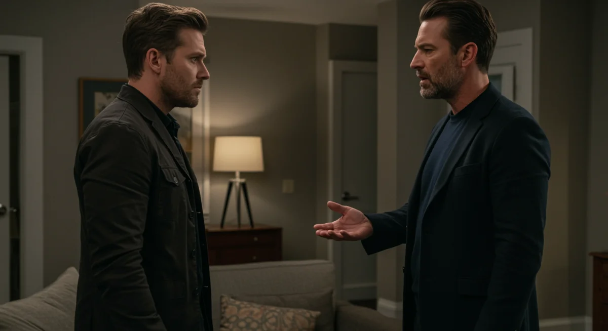 Tense confrontation scene between two characters in Crimson Lies