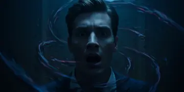 Shocked character reacting to plot twist in Crimson Lies episode 8