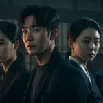 Main characters from Crimson Lies looking intense and mysterious