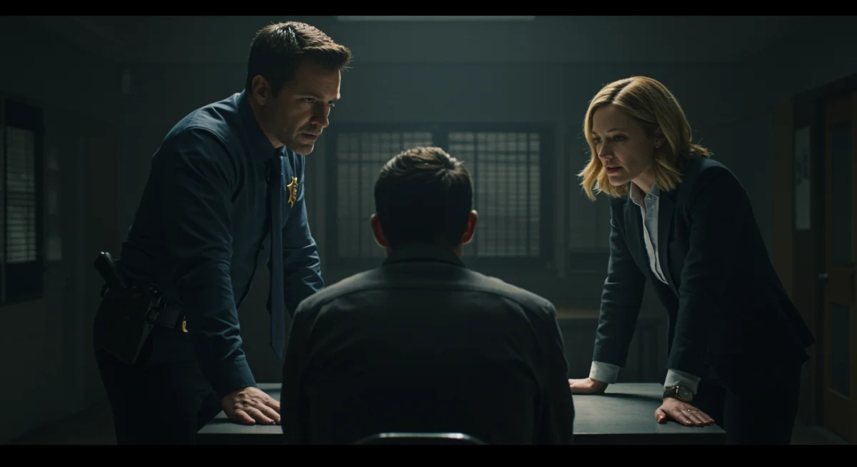 Tense interrogation scene from Crimson Ties with two detectives