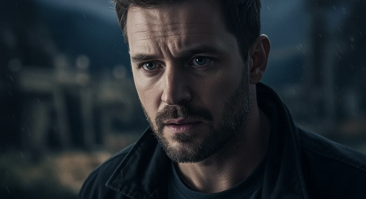 Intense close-up of a lead actor from 'Crimson Vows', a highly anticipated drama premiering in January 2026, highlighting the show's emotional depth.