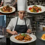 Dynamic montage of culinary drama scenes in the US, chefs, gourmet food, and urban backdrop.