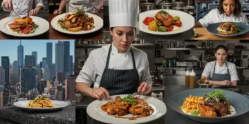 Dynamic montage of culinary drama scenes in the US, chefs, gourmet food, and urban backdrop.