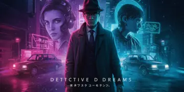 Promotional poster for 'Detective Dreams' showing a detective in a dreamlike, futuristic cityscape.