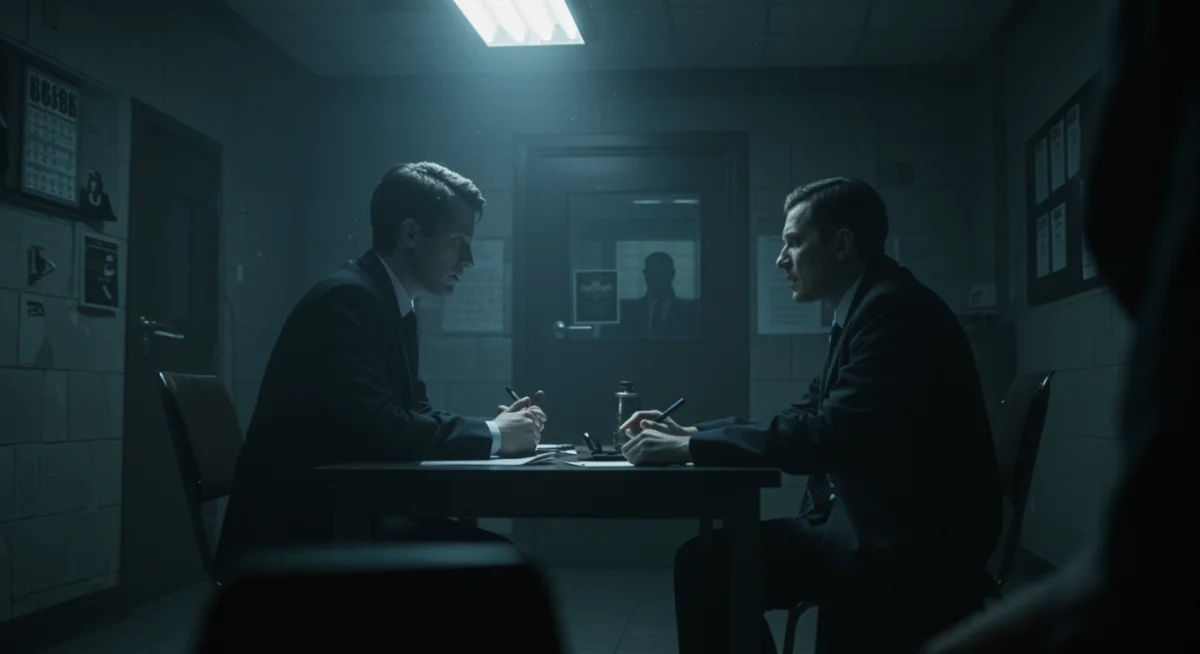 Protagonist of 'Detective Dreams' in an interrogation, with subtle fantasy elements in the background.
