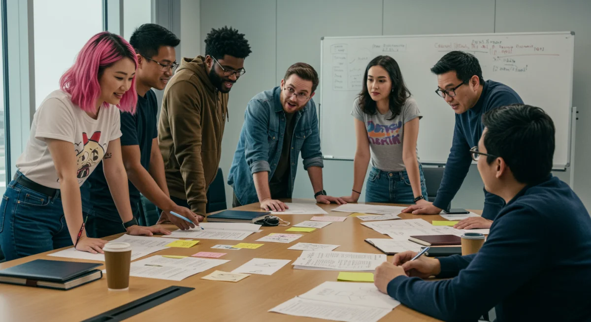 Cast and crew of 'Detective Dreams' in a production meeting, discussing genre fusion concepts.