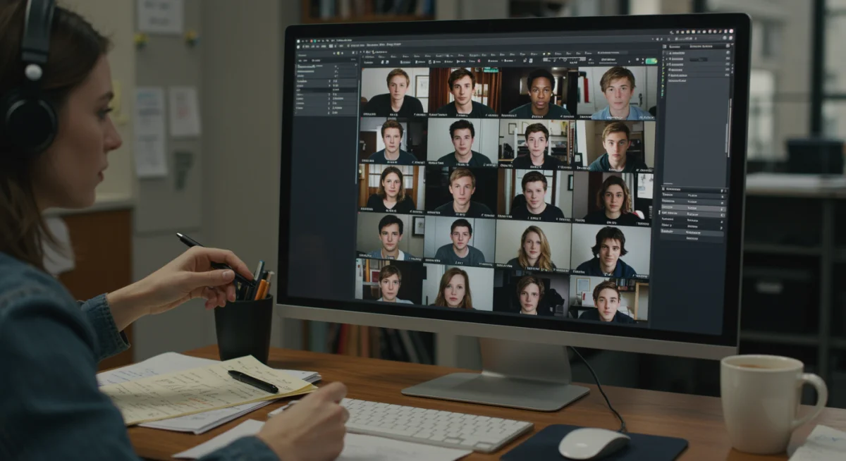 Casting director reviewing digital audition tapes for drama series.