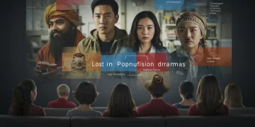 Diverse audience watching international drama, cultural elements.