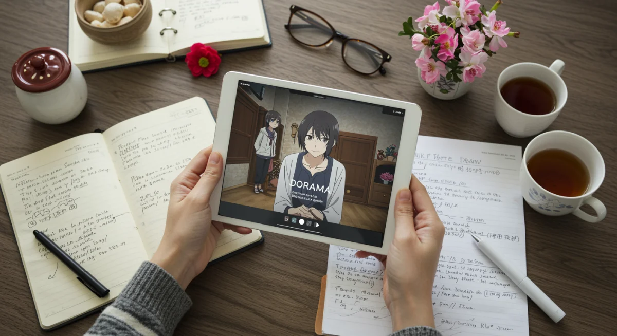 Viewer researching niche doramas on a tablet with notes and tea.