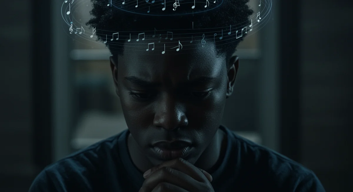 Dramatic character deep in thought, musical notes symbolizing emotional depth in a US drama