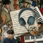 Dynamic collage of musical instruments, sheet music, and drama stills representing 2026's top drama OSTs.