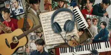 Dynamic collage of musical instruments, sheet music, and drama stills representing 2026's top drama OSTs.