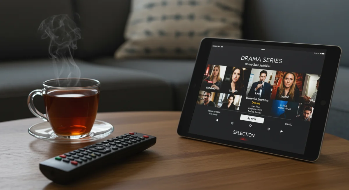 Remote control and tablet showing drama selection next to tea