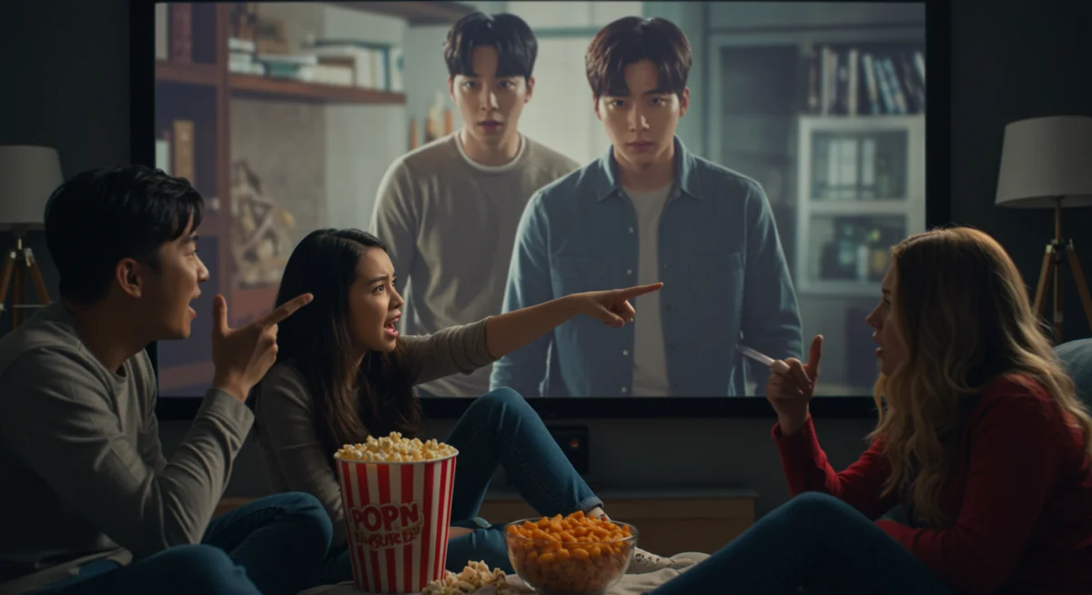 Friends gathered, passionately discussing a drama scene, specifically a second male lead, during a watch party.