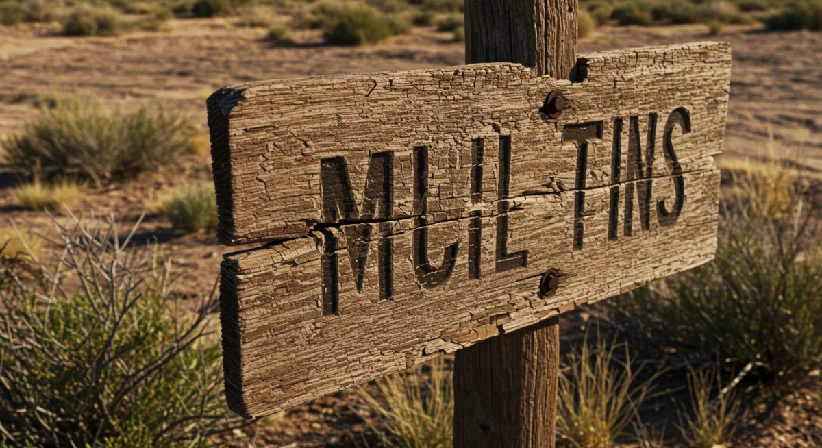 Weathered sign of a struggling 1930s Dust Bowl town
