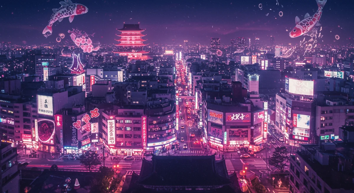 Modern East Asian cityscape with traditional symbols overlay.