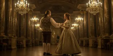 Elegant 18th-century couple dancing in a grand ballroom