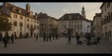 European town square used as a drama set, film crew working