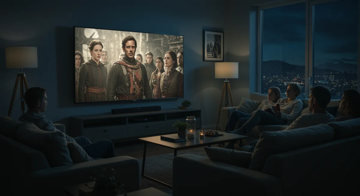 Family watching historical drama on streaming service at night