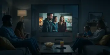 Family watching a dramatic TV series on a streaming platform, illustrating the enduring appeal of family dramas.