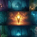 Captivating fantasy drama collage with mystical elements and diverse characters.