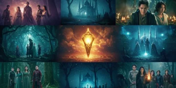Captivating fantasy drama collage with mystical elements and diverse characters.