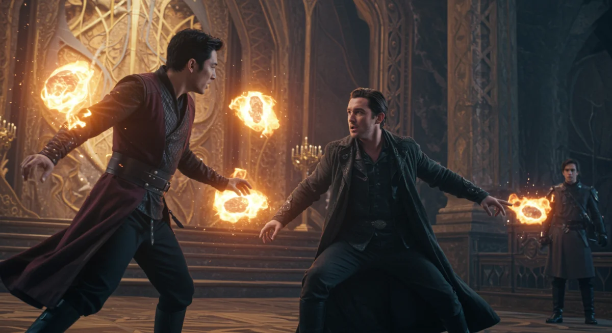 Intense magical battle scene with special effects in a fantasy drama.